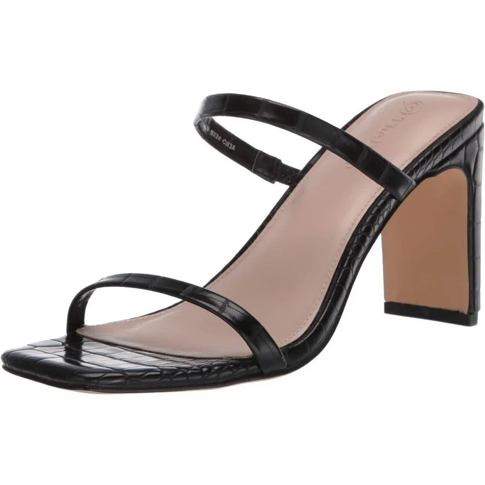 Womens  Black Avery Square Toe Two Strap High Heeled Sandal Heeled Sandal